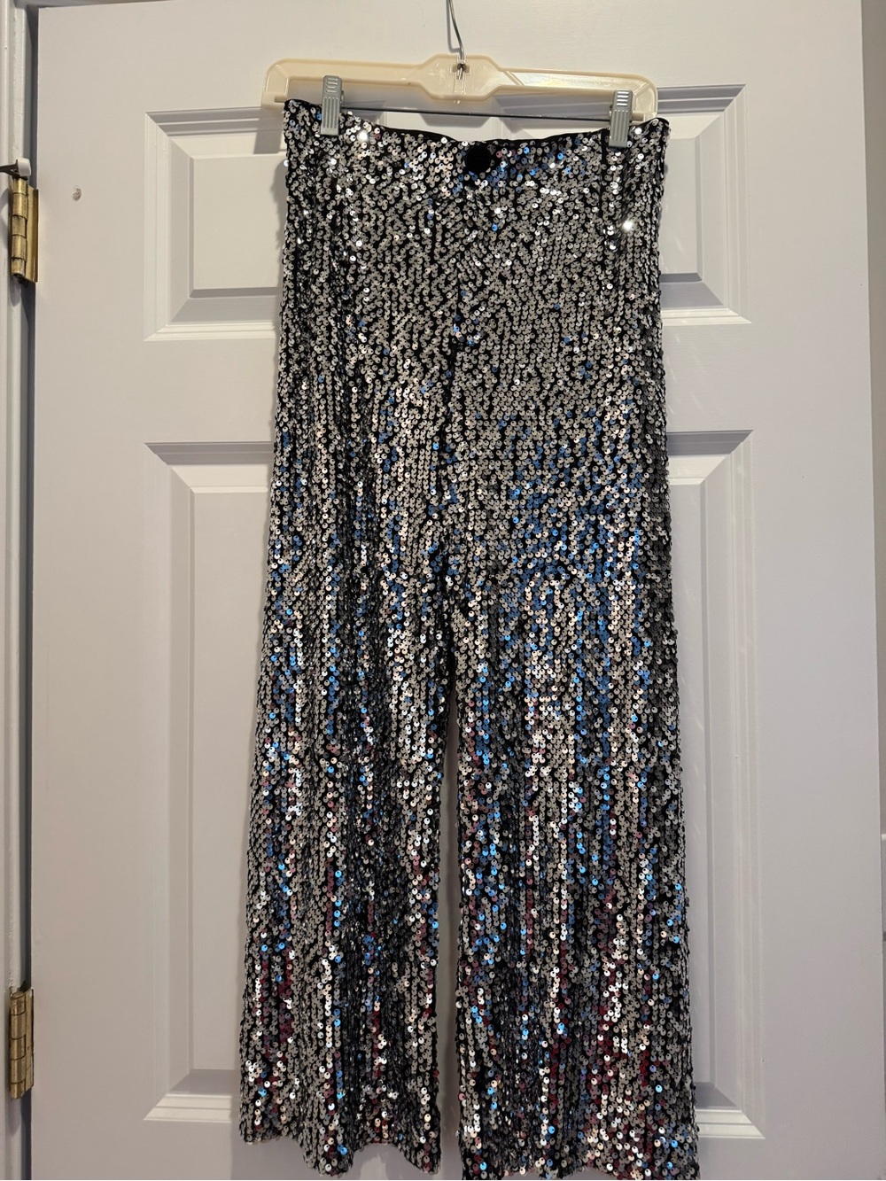 Maeve Silver Sequin Wide-Leg Cropped Pants